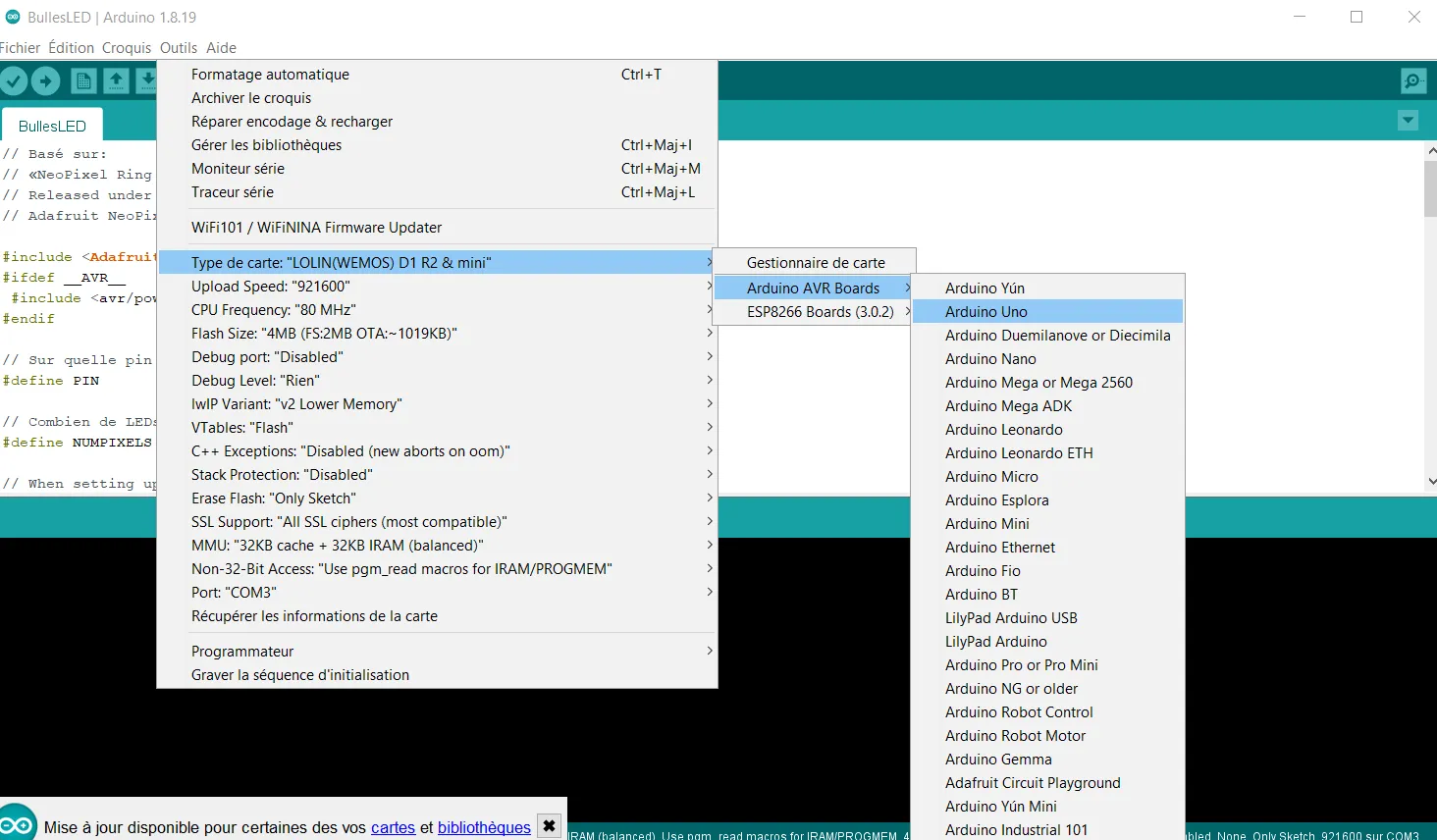 Interface du logiciel Arduino IDE