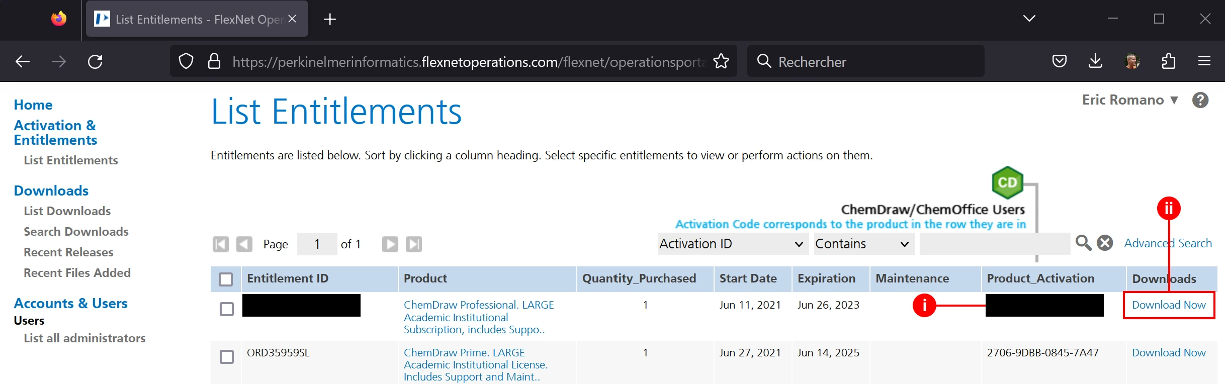 La page List Entitlements de ChemDraw