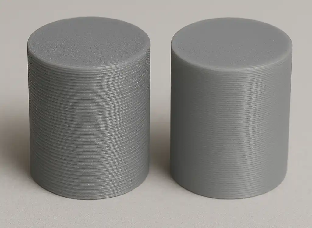 Une vue de deux impressions 3D à différente épaisseur : à gauche en 0,2mm et à droite 0,1mm.